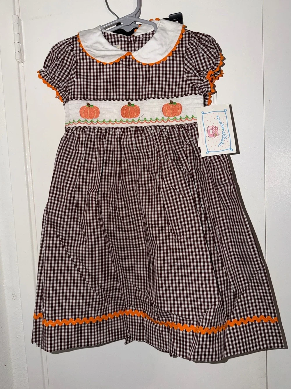 Girls' Brown Gingham Pumpkin Smocked Costume Dress - Orange Trim